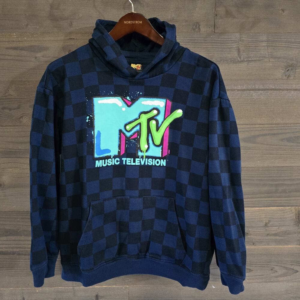 MTV Music Television Hoodie Youth XL 18/20 Blue Black Buffalo Plaid Pullover